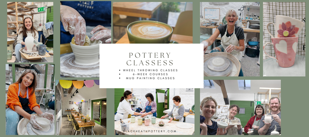 A collection of photo's from pottery classes, including wheel throwing and mug painting