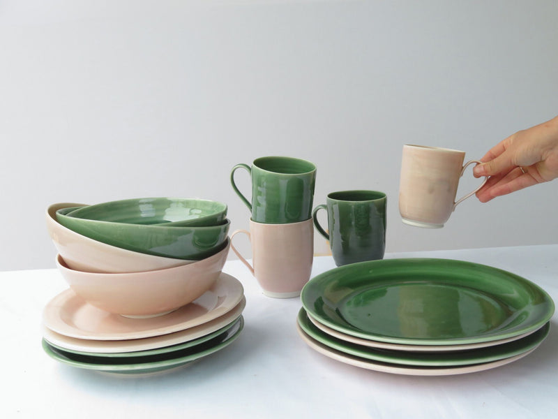 Custom Made 4 Person Dinner Set. Green and Pink